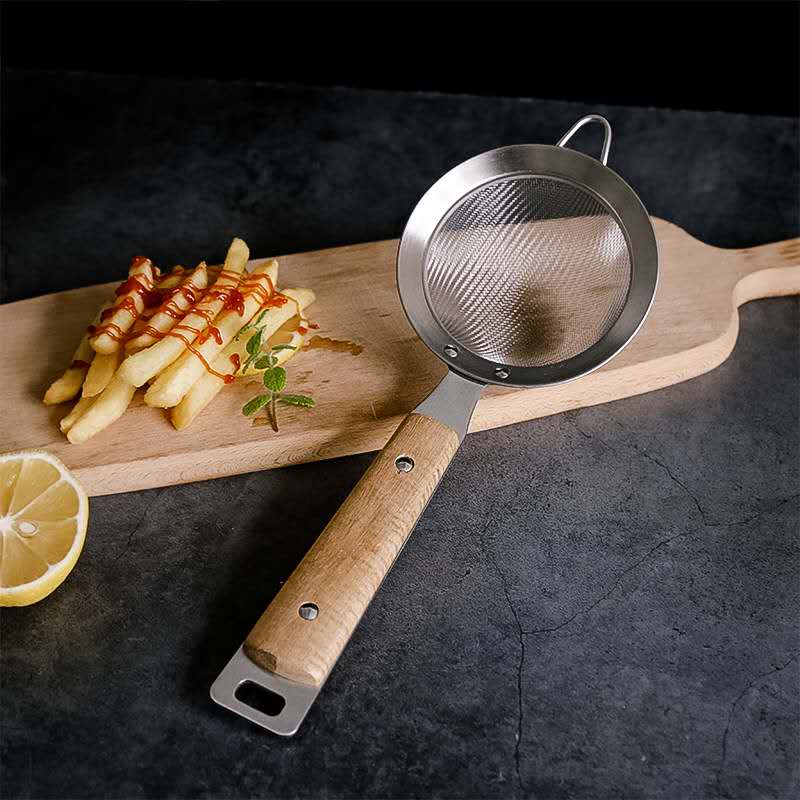 Durable Wooden Handle Fine Mesh Colander Sifter