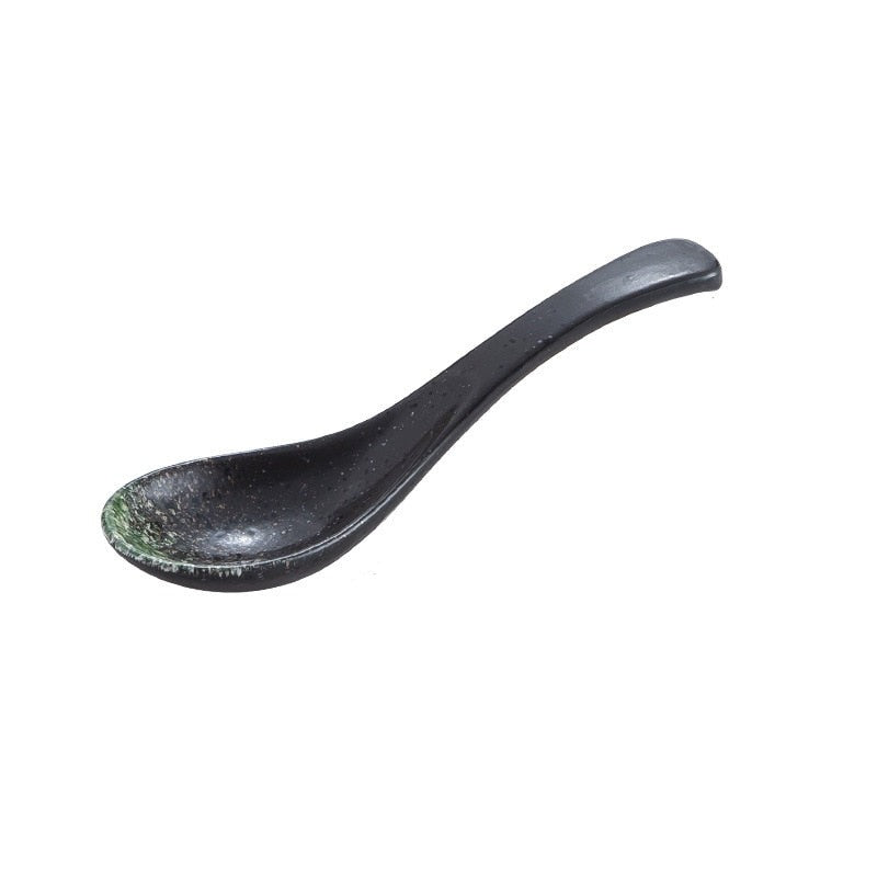 Creative Japanese Retro Ceramic Soup Spoon Charcoal Black & Emerald Green