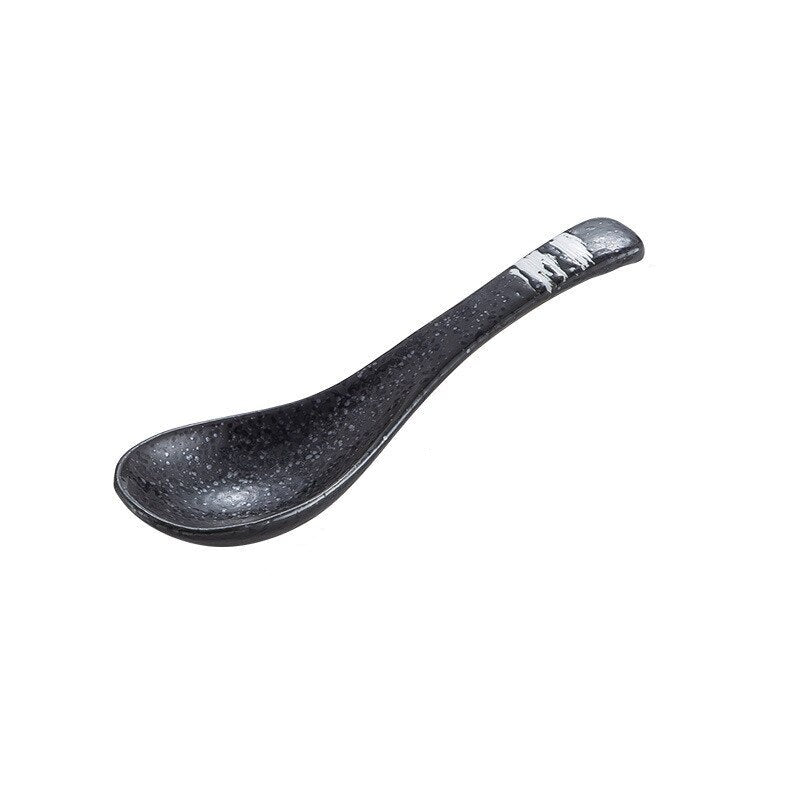 Creative Japanese Retro Ceramic Soup Spoon Charcoal Black & Porcelain White Highlight