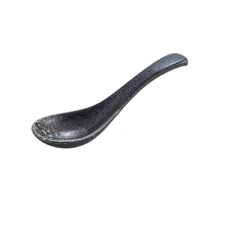 Creative Japanese Retro Ceramic Soup Spoon Charcoal Black & Cerulean Blue