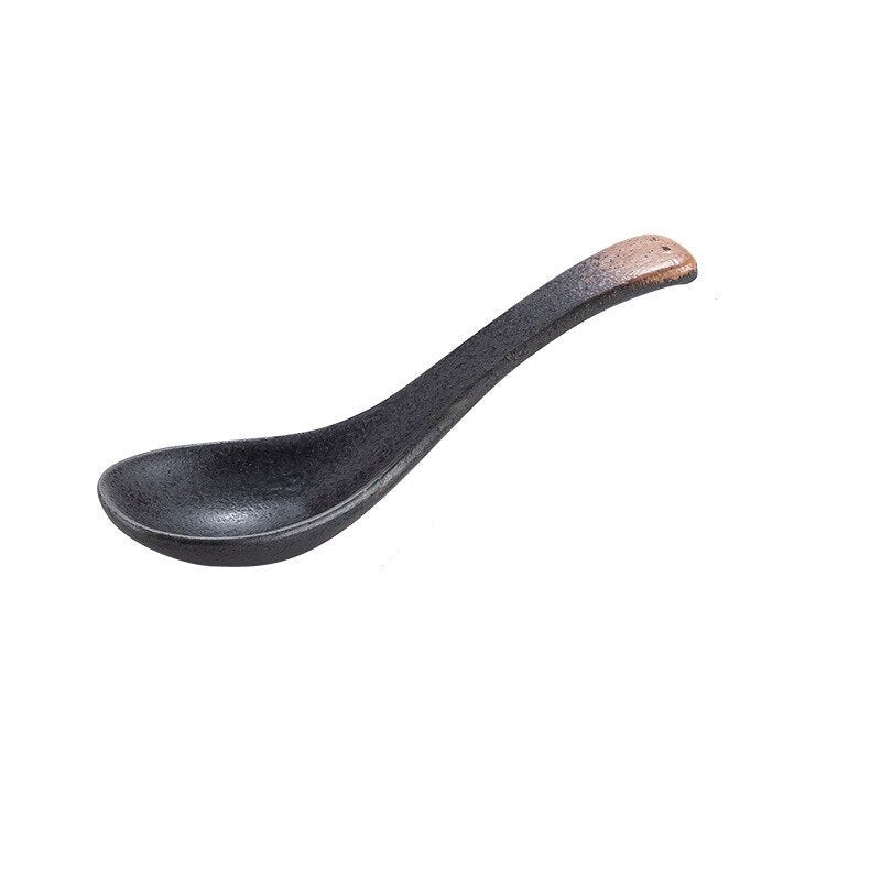 Creative Japanese Retro Ceramic Soup Spoon Charcoal Black & Bark Brown Highlight