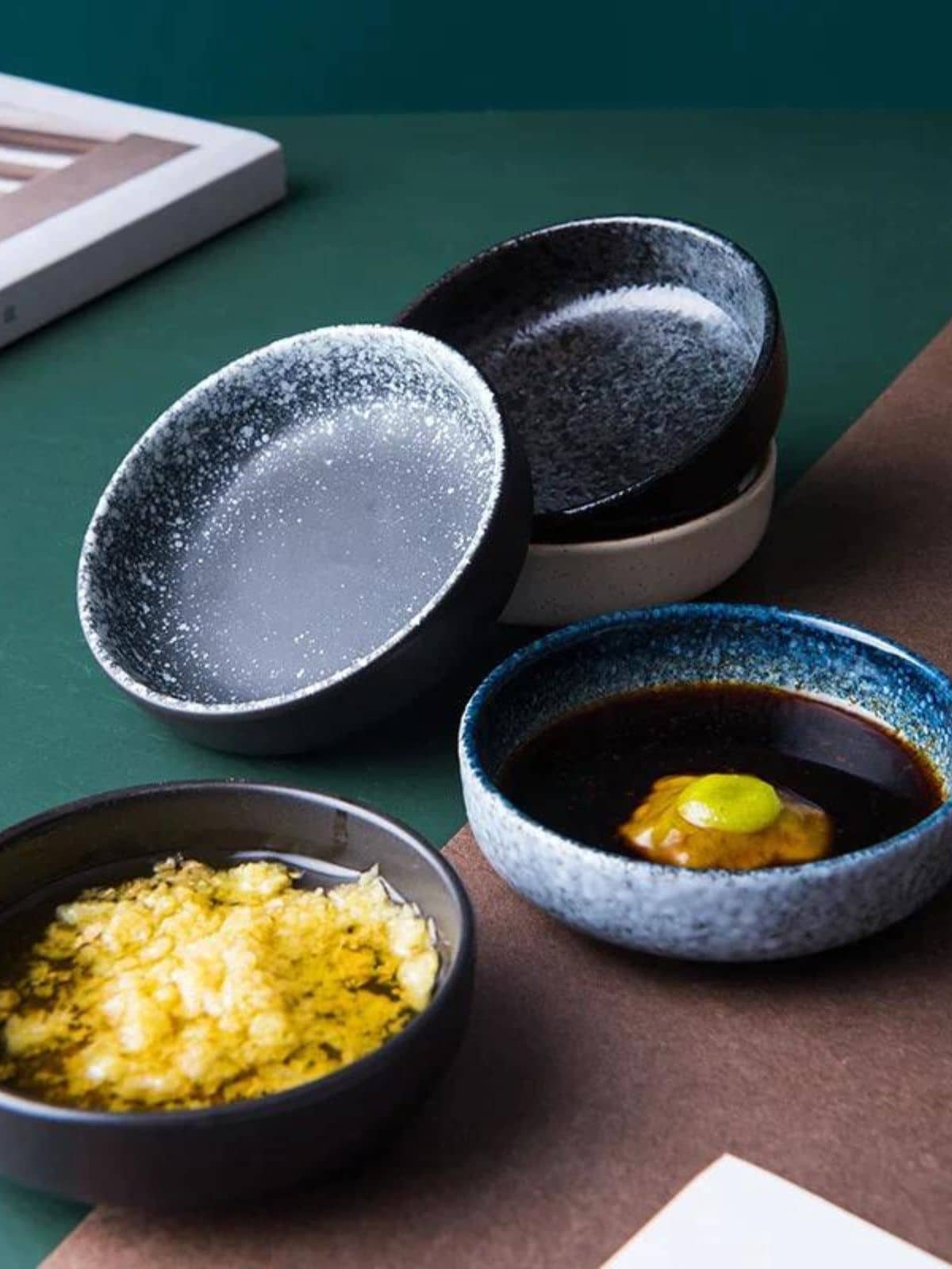 image of elegant saucer dishes with soy sauce, and perfect for rice.