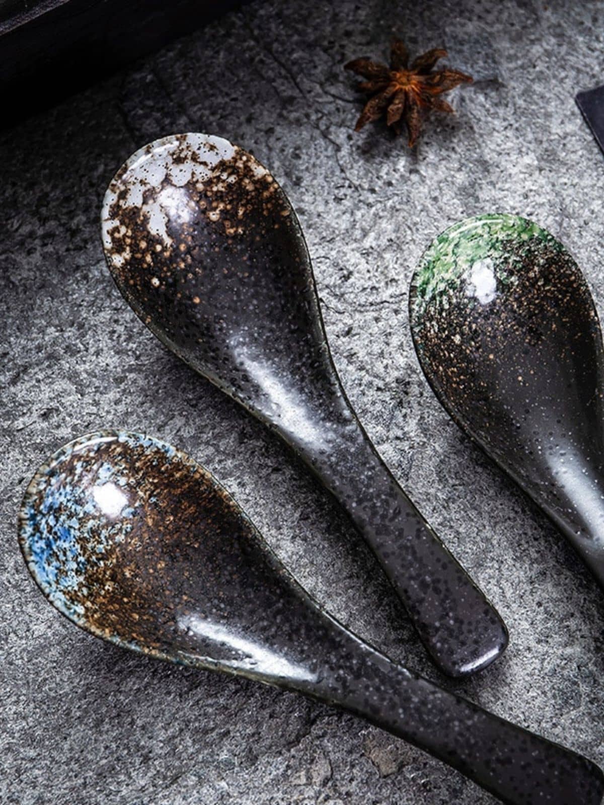 image of three stunning ceramic traditional soup spoons