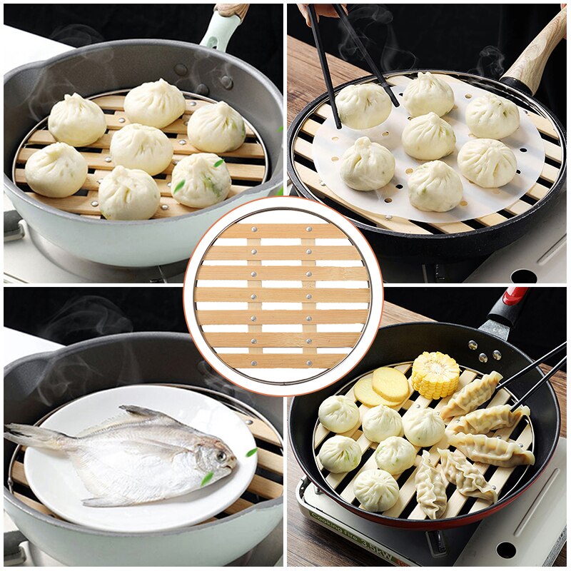 Round Bamboo Steamer with Stainless Steel Edging
